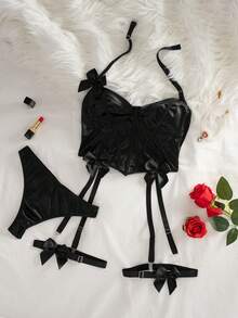 4pcs Satin Bow Sexy Lingerie Set - Black - View 7