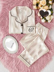 Tween Girls Pajamas-2 Piece Pajama Set Heart Embroidery Satin Look Champagne Pink Button Front Notch Collar Long Sleeve Top Long Pants Contrast Black Piping Sleepwear Four Seasons Holiday 2026 Essential Gift Cozy Versatile - Champagne - View 5