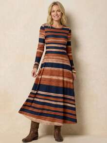 EMERY ROSE Women's Long Casual Vintage Striped Pattern Dress, Suitable For Autumn/Winter - Multicolor - View 4