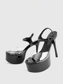 CUCCOO LuxiPop 女鞋透明玻璃胶细跟高跟防水厚底鞋女式蓝色凉鞋夜店风性感时尚装 - 純黑 - 查看 2