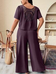 Breezaya Conjunto de 2 peças com top de manga curta com amarração e calça longa em cor sólida, tamanho plus size - Violeta - Visão 6