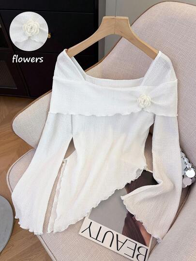 GlowEve Camiseta de manga larga con decoración floral elegante y bajo asimétrico para mujer