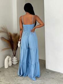 SHEIN BamGlam 2026新款春夏度假风休闲优雅吊带连体裤，正面纽扣装饰，收腰阔腿宽松设计，女士款 - 藍色 - 查看 2