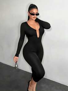 SHEIN SXY Black Sexy Long Sleeve Cropped Leg Jumpsuit, Black Jumpsuit , Sexy Jumpsuit ,Valentine's Day - Black - View 1