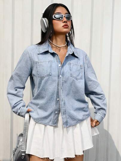 Jeanoix Blusa de mezclilla con bolsillos y parches para mujer talla grande estilo Y2K