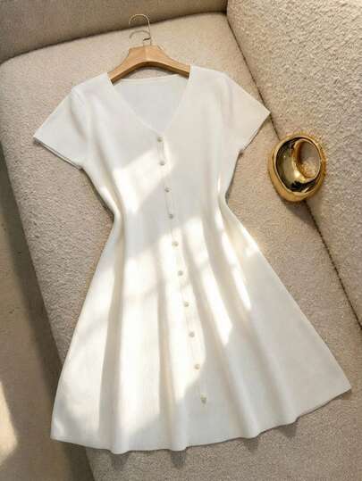 GlowEve Rochie nouă tricotată cu un singur nasture, cu decolteu în V, mânecă scurtă, pentru femei, primăvară/vară, minimalistă, cu talie strânsă