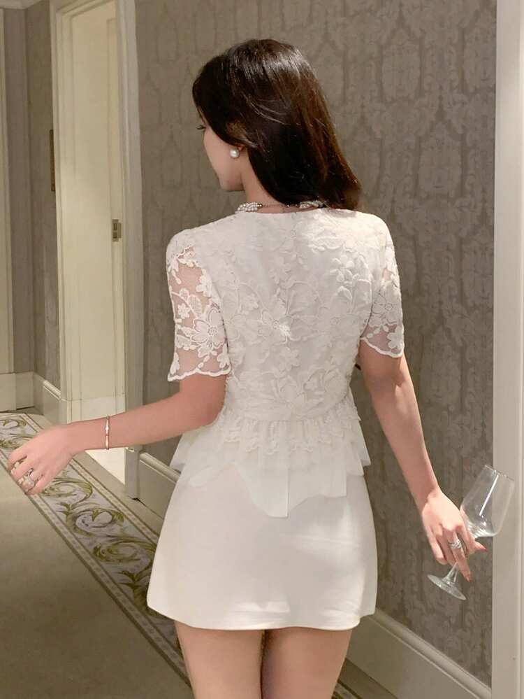 Women's Lace Patchwork Slim Fit Casual Elegant White Cardigan Shirt, Suitable For Spring And Summer, Valentine's Day, Wedding