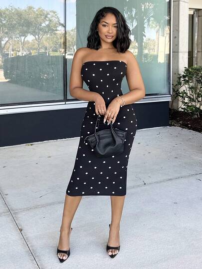 Alexandranx Prom Dress;Polka Dot Print Form-Fitting Sexy Mid-Calf Dress,Polka Dot Dress