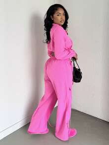 Alexandranx 2pcs Fashionable Sexy Bright Color Long Sleeve Crinkle Jumpsuit For Women Fall Cloth For Women - Pink - View 4