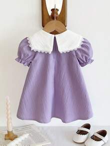 SHEIN Vintaside Kids 1件女婴舒适休闲纹理面料常规厚度领口可爱花卉刺绣A字基本款短袖时尚百搭连衣裙，适合春夏、居家、户外、旅行、上学和日常穿着 - 彩色 - 查看 4