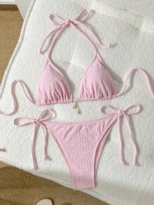 Elavelle Women Solid Color Jacquard Metal Decor Spaghetti Strap Bikini Set For Summer - Pink - View 2