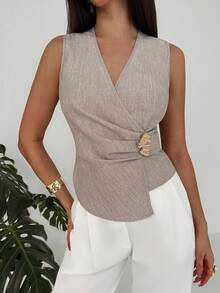 Aloruh Women's Solid Color Overlap V-Neck Waist Metal Decor Ruched Asymmetric Hem Sleeveless Blouse Wrap Tops For Women Criss Cross Top - Khaki - View 5