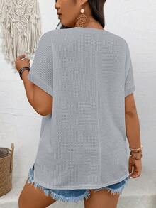 EMERY ROSE Plus Size Women's Summer V-Neck Button Decor Casual T-Shirt - Light Grey - View 2