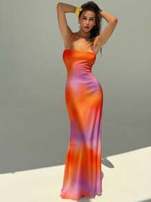 Aloruh Women's Fashion Sexy Elegant Orange Tie Dye Backless Tie Neck Dress, Summer Dress, Beach Dress, Beach Outfit, Party Dress, Wedding Guest Dress, Birthday Dress, Music Festival Dress - Orange - View 2