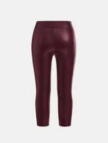 SHEIN Quần legging da PU co giãn, thích hợp mặc hàng ngày, dành cho các bé gái, quần legging da cho bé gái, quần da cho bé gái, quần legging da. - Màu Đỏ Sâu - Xem 4