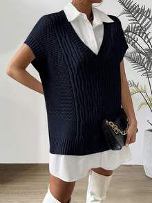 Chiquease Women's Casual V-Neck Loose Knit Vest - Navy Blue - View 4