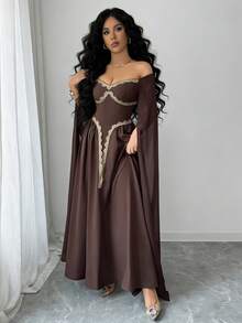 Rafferiza 优雅中东风情棕色超长高开衩喇叭袖金色异域风情花卉蕾丝饰边露肩露背A字连衣裙，女士 - 棕色 - 查看 5