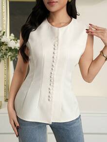 Modelyn Áo vest nữ dáng suông đơn giản, màu trơn, thích hợp mặc đi làm hàng ngày, kiểu dáng mùa hè. - trắng - Xem 6