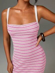 Athîral 女士条纹紧身长吊带派对连衣裙 - 淺粉色 - 查看 4