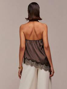 COSMINA Satin Brown Asymmetric Hem Lace Patchwork Sleeveless Camisole Top, Casual Elegant Office Commute Modern Y2K Spaghetti Strap Blouse, Halter Top, Brown Top, Cowl Neck Top, Casual Top, Lace Satin Top, Summer And Spring Top, Going-Out Top - Brown - View 2