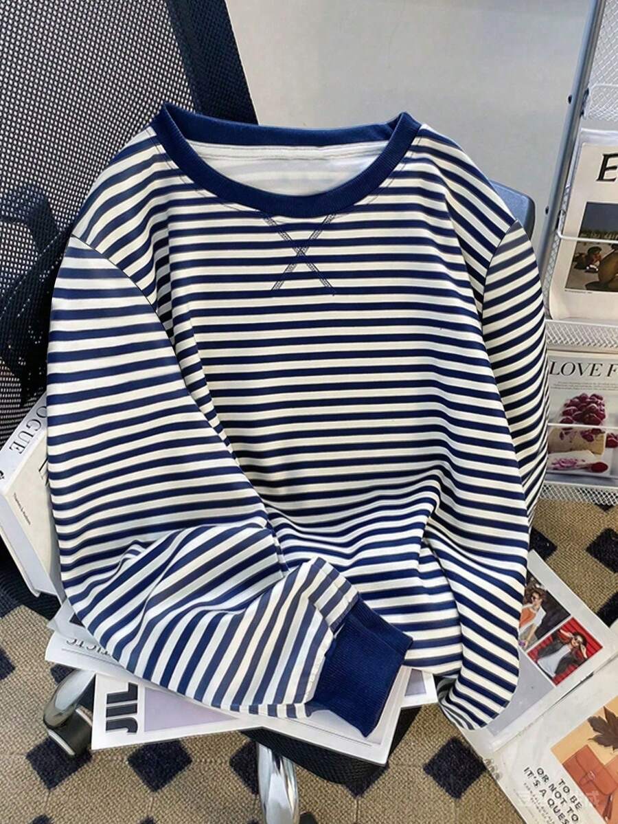 SHEIN Sweat-shirt-shirt décontracté à imprimé rayé pour femmes, convenant à l'automne, la rentrée scolaire, l'automne/hiver, design bleu et blanc, taux de retour élevé, extérieur, usage quotidien, rendez-vous, polyvalent, col rond standard pour femmes - Multicolore - Voir 1