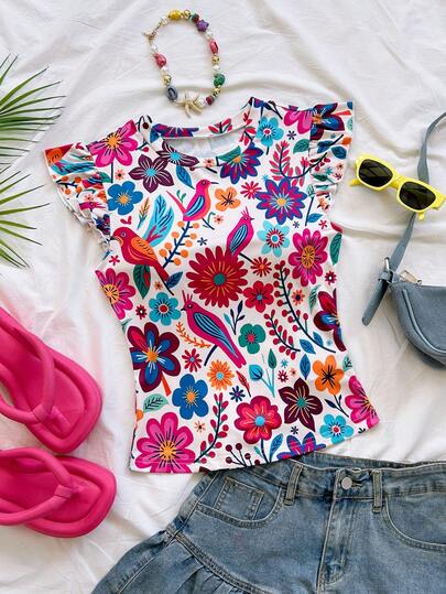 Soleia Women's Casual Vacation Colorful Floral & Bird Print Ruffle Armhole Fitted T-Shirt, Summer