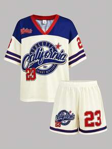 Tween Girls' Numeric Print V-Neck Loose T-Shirt And Shorts 2 Pieces Set, Casual Everyday Outfit - Multicolor - View 11