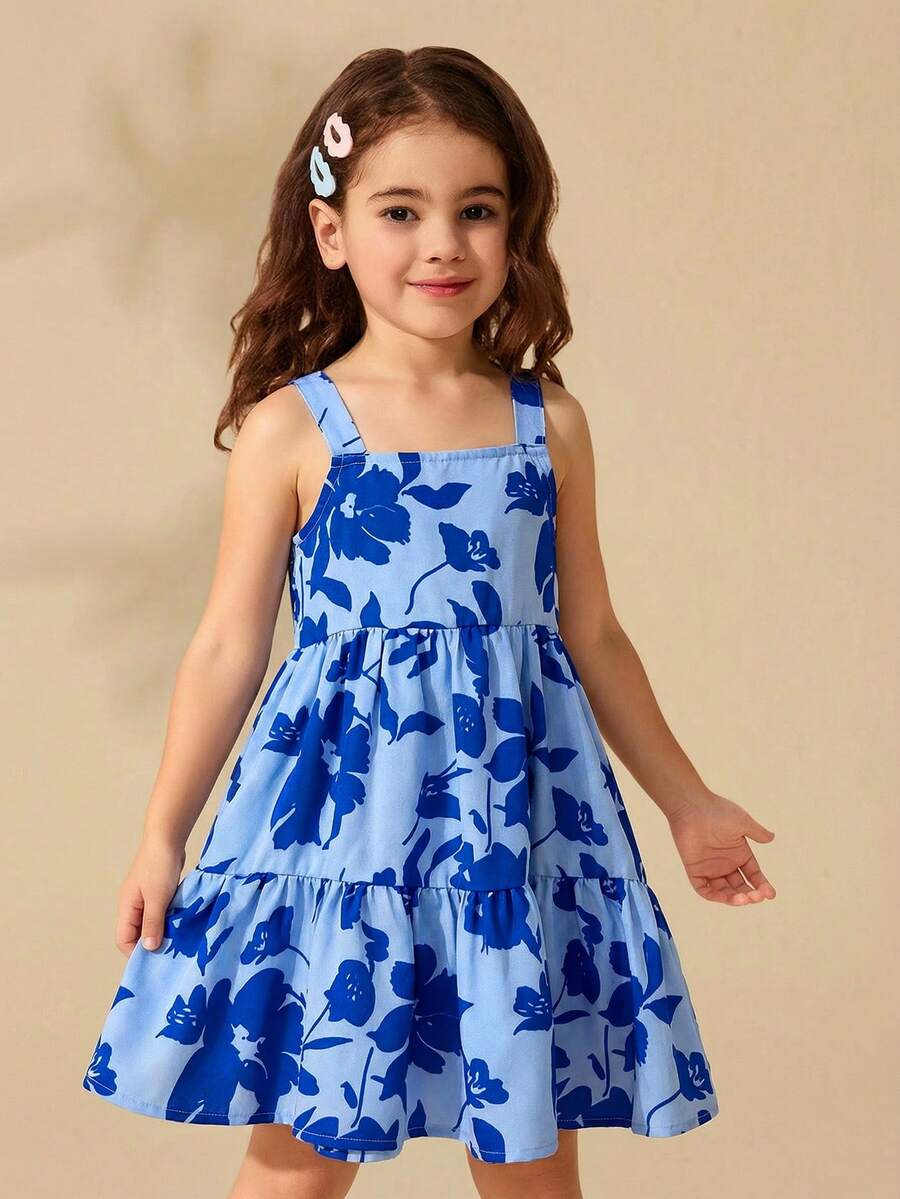 Travachic KIDS Young Girl Floral Print Ruffle Hem Summer Vacation Dress - Baby Blue - View 1