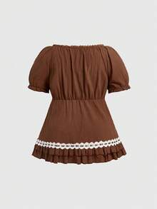 ROMWE Áo nữ cỡ lớn tay cánh hoa màu nâu viền ren họa tiết hươu và hoa phong cách Fairycore, Áo sơ mi ngắn tay cổ điển màu nâu phong cách Cottagecore, Áo kiểu tay cánh hoa cỡ lớn cho nữ - màu nâu - Xem 4