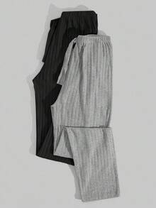 EURMUSE Women 2 Pcs Rib Knit With Fake Drawstring Detail Long Homewear Sleep Bottoms Sets - Multicolor - View 1