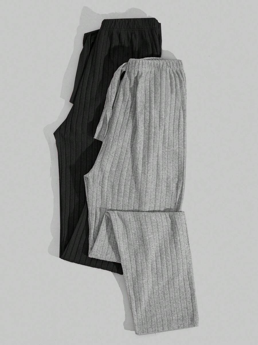 EURMUSE Women 2 Pcs Rib Knit With Fake Drawstring Detail Long Homewear Sleep Bottoms Sets - Multicolor - View 1