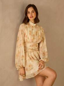 Enchnt Women's Floral Print Ruched Ruched Hem Elegant Cinched Waist Party Cocktail Mini Dress With Stand Collar And Lantern Sleeves - Beige - View 6