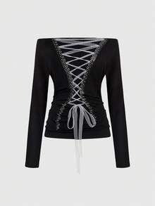 ROMWE Grunge Punk 暗黑朋克印花露肩长袖T恤，配系带，百搭叠穿上衣 - 黑色 - 查看 8