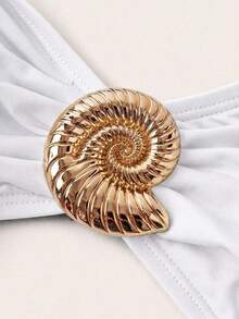 Swim Chiccia 2026 New Elegant Brown Metal Buckle Decor 3 PiecesPlus Size One-Piece Swimsuit, Can Be Worn Separately With Outfits, Suitable For Party & Vacation - White - View 6