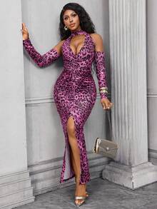 Lureya Women's Pink Leopard Print 2 Piece Set,Deep V-Neck Halter Backless Bodycon Ruched Slit Dress For Club Night,Rave,Techno,Autumn Party Elegant Clothing - Multicolor - View 3