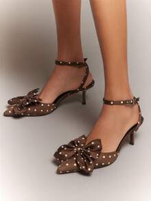 SHUZIA Women's Elegant Dot Satin Bow Knot Back Strap Pumps