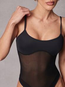 Hauture 女士纯色网眼拼接性感吊带背心 - 黑色 - 查看 6