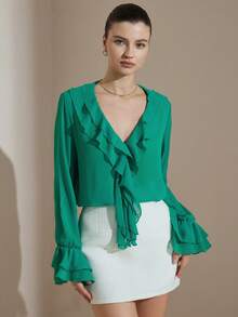 Revavyn Blusa romântica verde com mangas flare e babados, estilo retrô, fresca e vibrante, com design de mangas flare e babados. - Verde - Ver 5