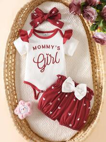 SHEIN Set de 3 piezas de mono con cuello redondo acanalado, pantalones y diadema con lazo bordada, estilo casual para bebé/niño pequeño, para primavera/otoño - Rojo y blanco - Ver 1