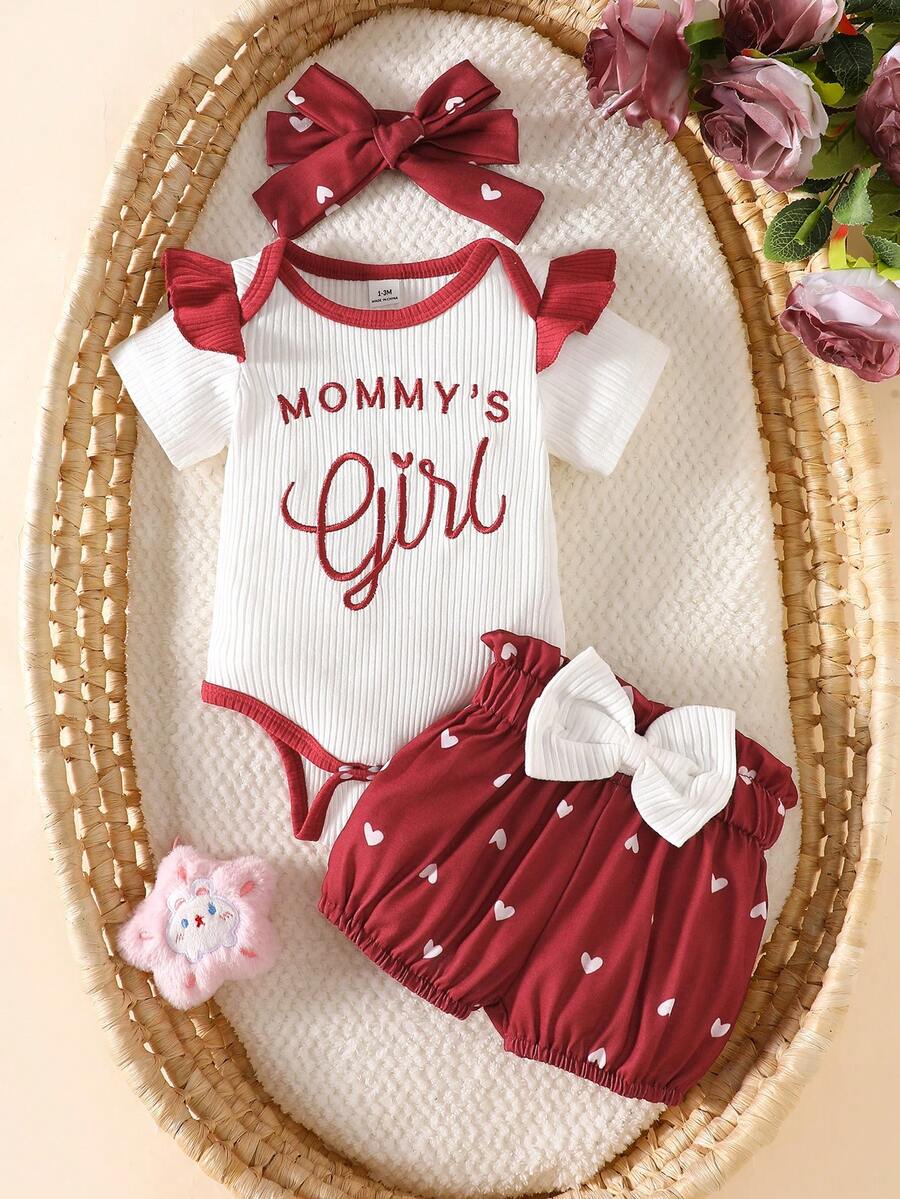 SHEIN Set de 3 piezas de mono con cuello redondo acanalado, pantalones y diadema con lazo bordada, estilo casual para bebé/niño pequeño, para primavera/otoño - Rojo y blanco - Ver 1