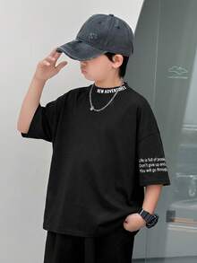 SHEIN Tween Boy Casual Korean Style Loose Fit Round Neck Half Turtleneck Short Sleeve Letter & Graphic Print T-Shirt, Suitable For Commute, School, Daily Casual Wear, Sports, Spring/Summer - Black - View 6