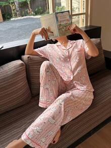 SHEIN Napfluff Bubble Wrinkle Cute Puppy Print Short Sleeve Pajama Set - Pink - View 3