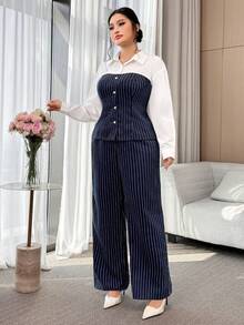 Modelyn Plus Size Women's Spring/Autumn Casual/Office Commute Striped Patchwork Shirt And Wide Leg Pants 2 Pieces Set Women Suit Sets - Multicolor - View 5