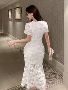 DAZY Đầm dài ngang gối, đầm dài ren hoa 3D kiểu Pháp độc đáo dành cho nữ, đầm maxi, đầm mùa hè. - trắng - Xem 2