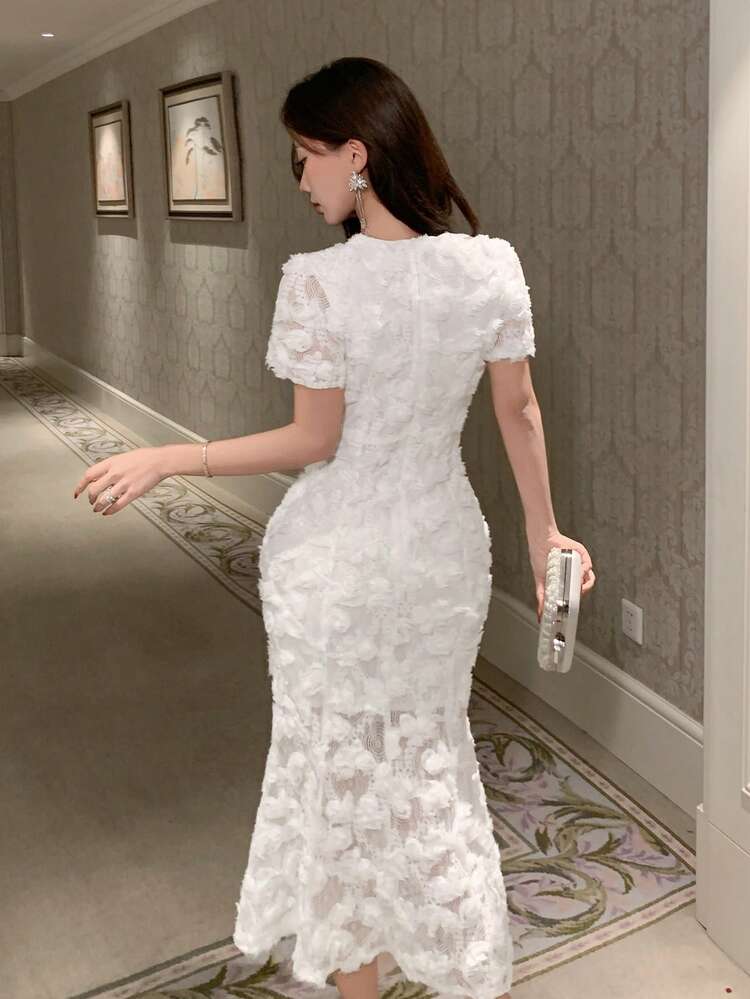 Mid-Length Dress, Unique French Style 3D Floral Lace Long Dress For Women Maxi Dress Sundress Cocktail Dress