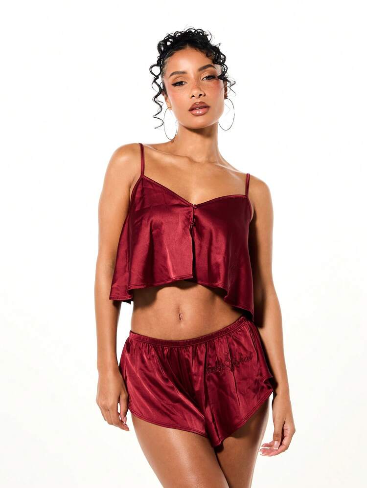 BABYPHAT 친밀한 행사 및 특별한 저녁 발렌타인 데이 기념일을 위한 조절 가능한 스트랩이 있는 새틴 캐미솔 및 반바지 란제리 세트