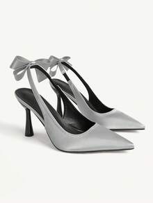 CUCCOO CHICEST Giày cao gót mũi nhọn, đế thấp, gót mảnh, quai sau đính nơ, hở gót, kiểu dáng thanh lịch và thoải mái cho nữ, thích hợp cho các buổi tiệc tối mùa xuân/thu, màu đen, dịp Giáng sinh. - Xám - Xem 2