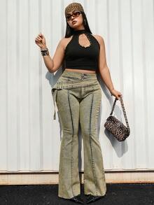 SHEIN EZwear Quần jeans ống loe dáng retro vintage Y2K cỡ lớn dành cho người có thân hình đầy đặn. - Rửa trung bình - Xem 5
