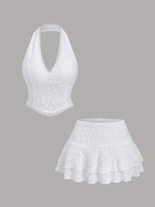Elamini New Sexy Lace Halter Backless Strap Camisole & Puff Mini Skirt 2 Pieces Set, White, Summer Holiday - White - View 5