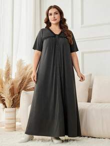 Lacomfia V-Neck Casual Everyday Fashionable Simple Gray Dress For Women Plus Size, With Knit Patchwork Lace Rivet Decor Design, Short Sleeve, Flared Hem - Dark Grey - View 4